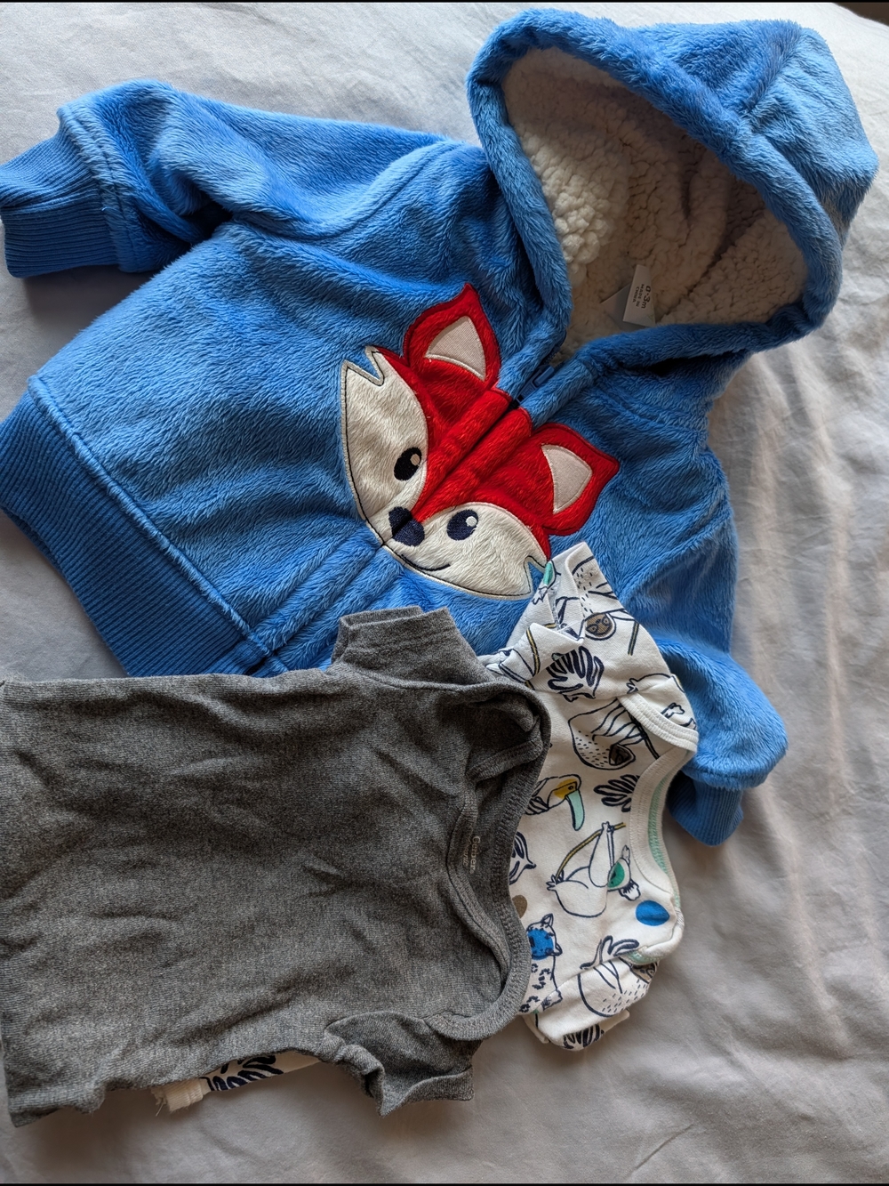 Carter's Blue Hooded Fox Appliqué Jacket with Gray and White Onesies